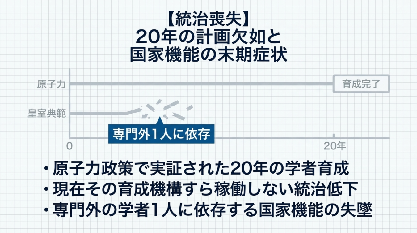 原子力と皇室典範の20年の計画を比較し国家機能の低下を指摘するグラフ