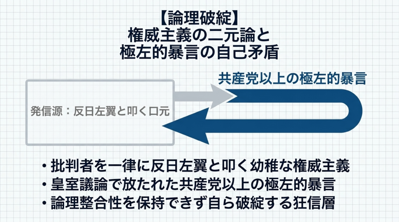 批判者を反日左翼と決めつける権威主義の二元論や自己矛盾を批判する図解