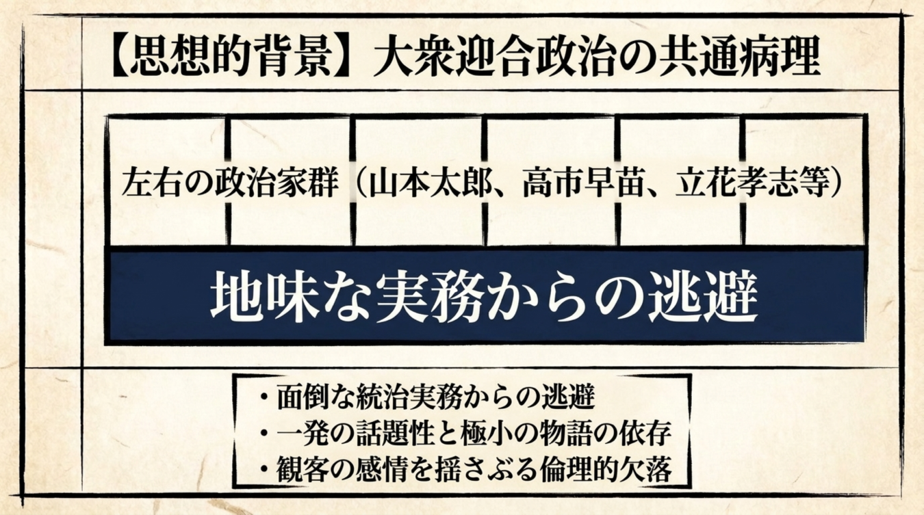 大衆迎合政治の共通病理として左右の政治家群と地味な実務からの逃避の傾向を挙げた解説画像