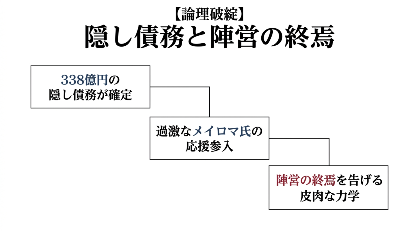 338億円の隠し債務確定とメイロマ氏の応援参入による陣営の終焉を示す相関図