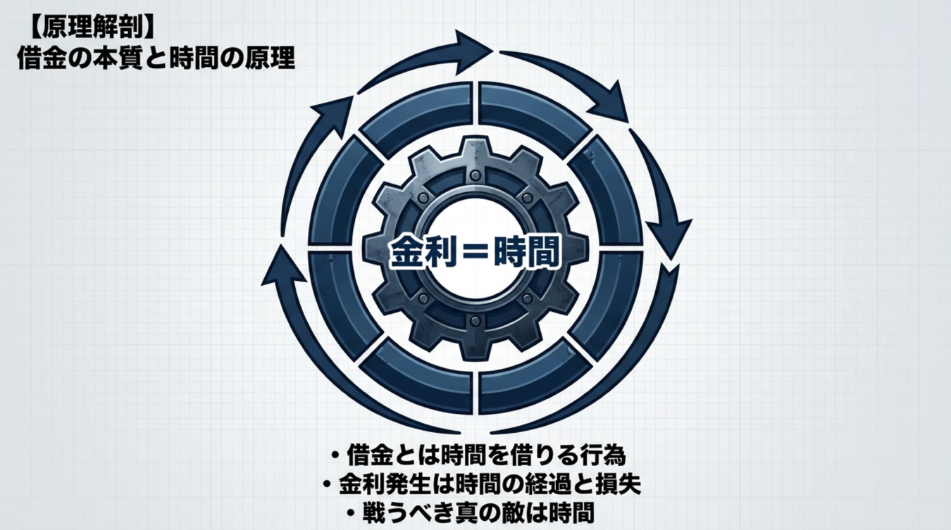金利は時間であり、借金とは時間を借りる行為であることを示す図解