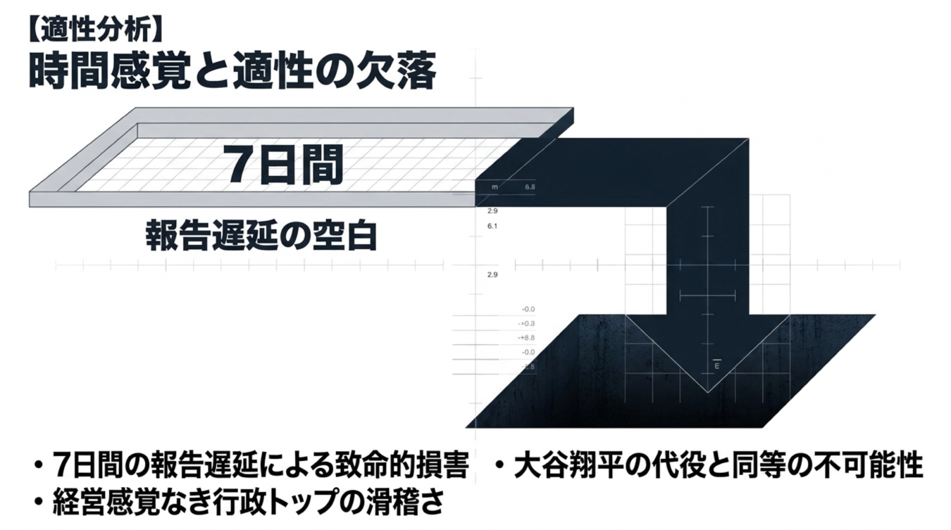 7日間の報告遅延による致命的損害と経営感覚なき行政トップの適性分析を示す図解