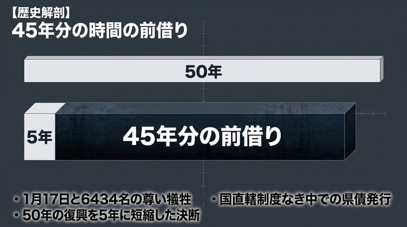 50年の復興期間を5年に短縮した「45年分の時間の前借り」を示すグラフと歴史的背景の解説画像