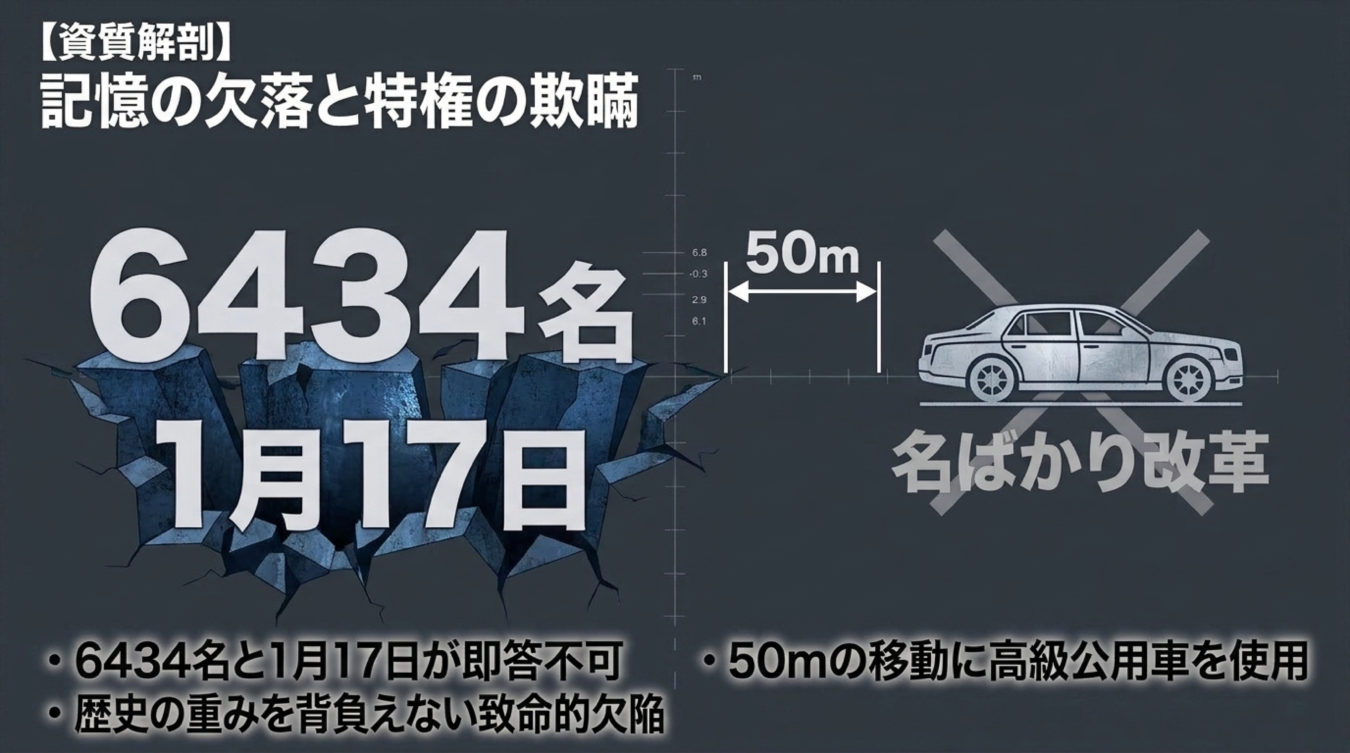 阪神淡路大震災の犠牲者数や日付の即答不能と高級公用車の短距離利用を批判するインフォグラフィック