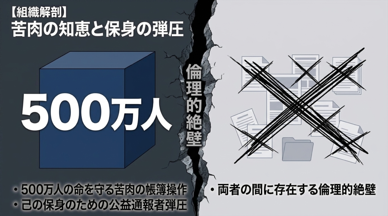 500万人の命を守る帳簿操作と公益通報者弾圧のジレンマを表現した組織解剖のイラスト