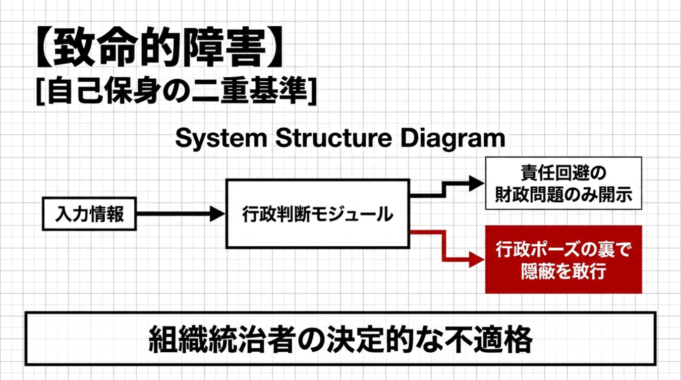 行政判断モジュールが責任回避と隠蔽を行う二重基準の構造図