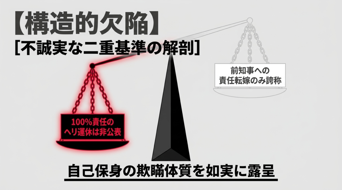 不誠実な二重基準と自己保身の欺瞞体質を天秤で批判する図解