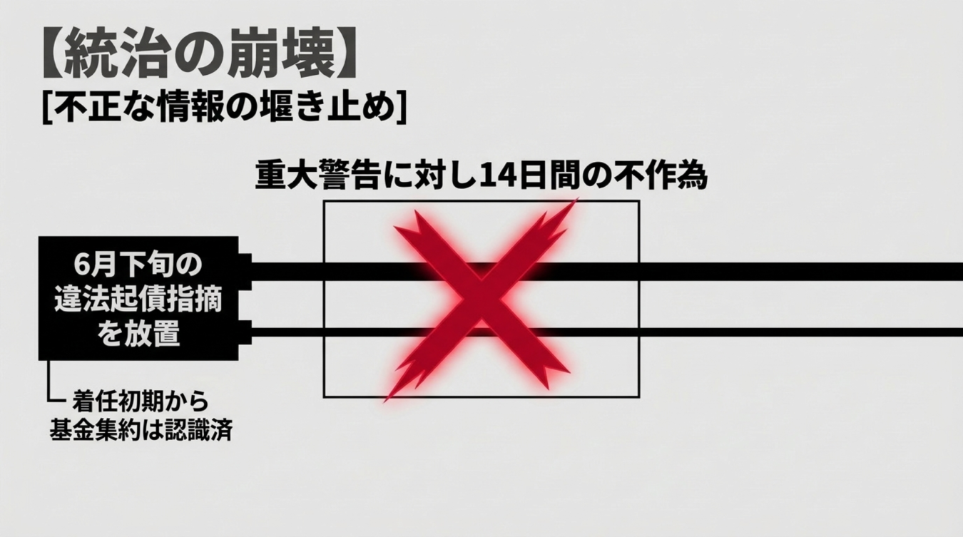 統治の崩壊と不正な情報の堰き止めをテーマに、重大警告に対する14日間の不作為を示す図解