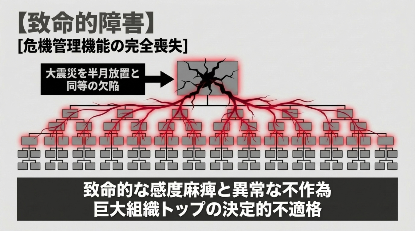 組織のトップが崩壊し危機管理機能が完全に失われた状態を示す図解