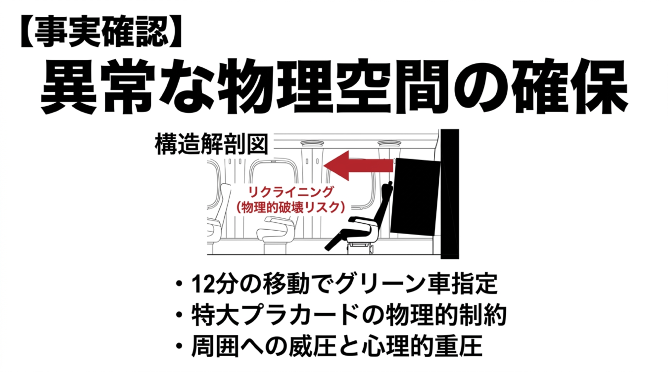 新幹線のグリーン車で特大プラカードを掲げてリクライニングする乗客の構造解剖図