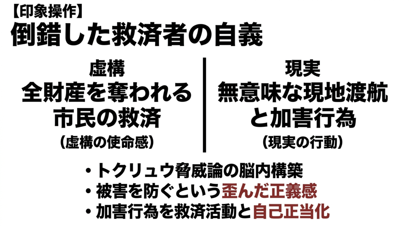 倒錯した救済者の自義をテーマに、虚構の使命感と現実の行動、および認知の歪みを対比させた図解