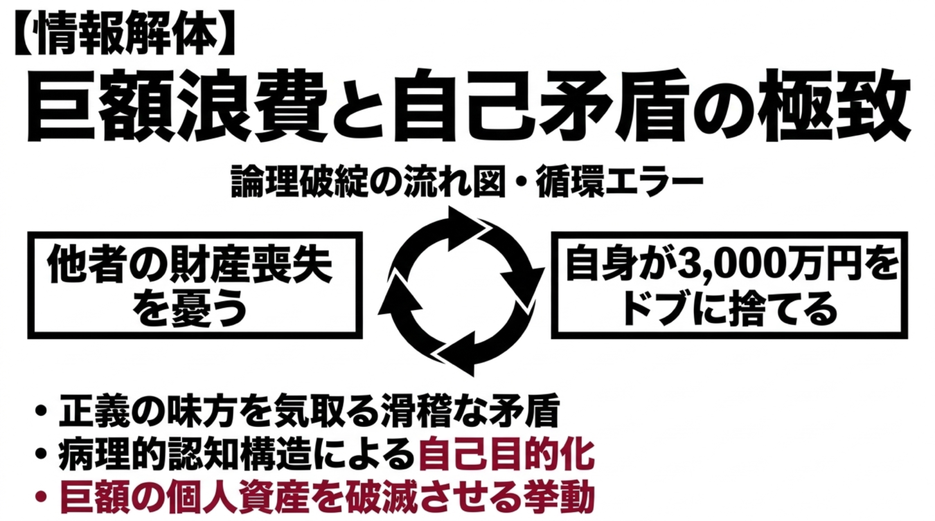 他人の財産損失を憂う一方で自らが巨額の資産を失う矛盾を指摘する図解画像