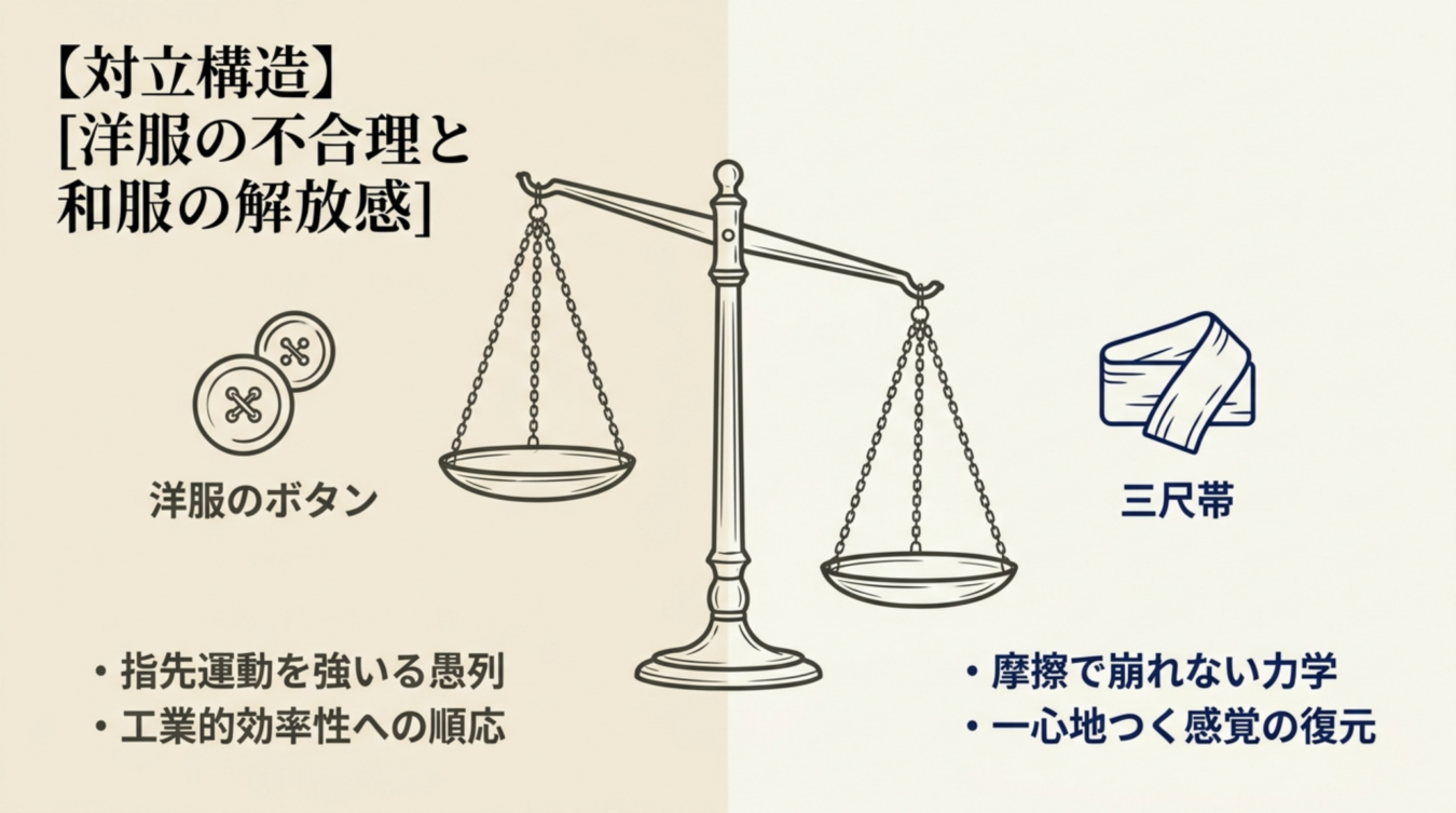 【対立構造:洋服の不合理と和服の解放感】をテーマに、左側に「洋服のボタン」と「指先運動を強いる愚列」「工業的効率性への順応」を配置し、右側に「三尺帯」と「摩擦で崩れない力学」「一心地つく感覚の復元」を天秤の両脇で対比させている。