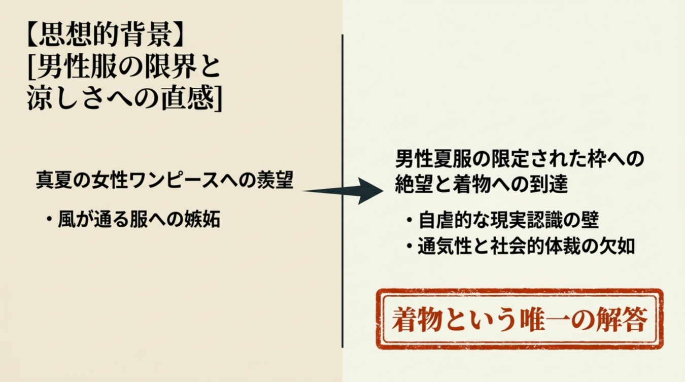 「【思想的背景】男性服の限界と涼しさへの直感」をテーマにした図解。左側の「真夏の見出し、女性ワンピースへの羨望(風が通る服への嫉妬)」から右側の「男性夏服の限定された枠への絶望と着物への到達(自虐的な現実認識の壁、通気性と社会的体裁の欠如)」へと向かう矢印があり、下部に「着物という唯一の解答」という枠囲みのテキストが配置されている。