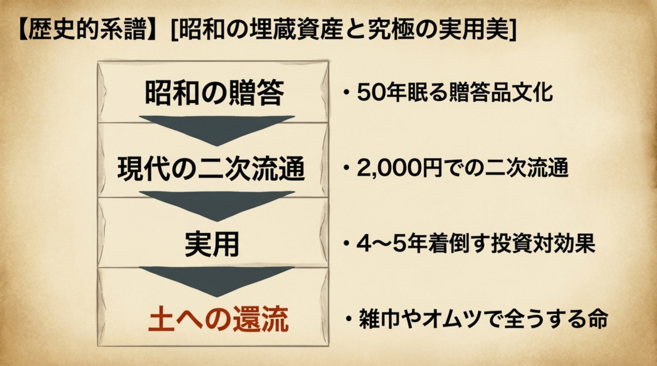 【歴史的系譜】昭和の埋蔵資産と究極の実用美を示す4段階のフロー図。昭和の贈答(50年眠る)、現代の二次流通(2,000円)、実用(4~5年着倒す)、土への還流(雑巾やオムツで全うする命)へと矢印で継承される。