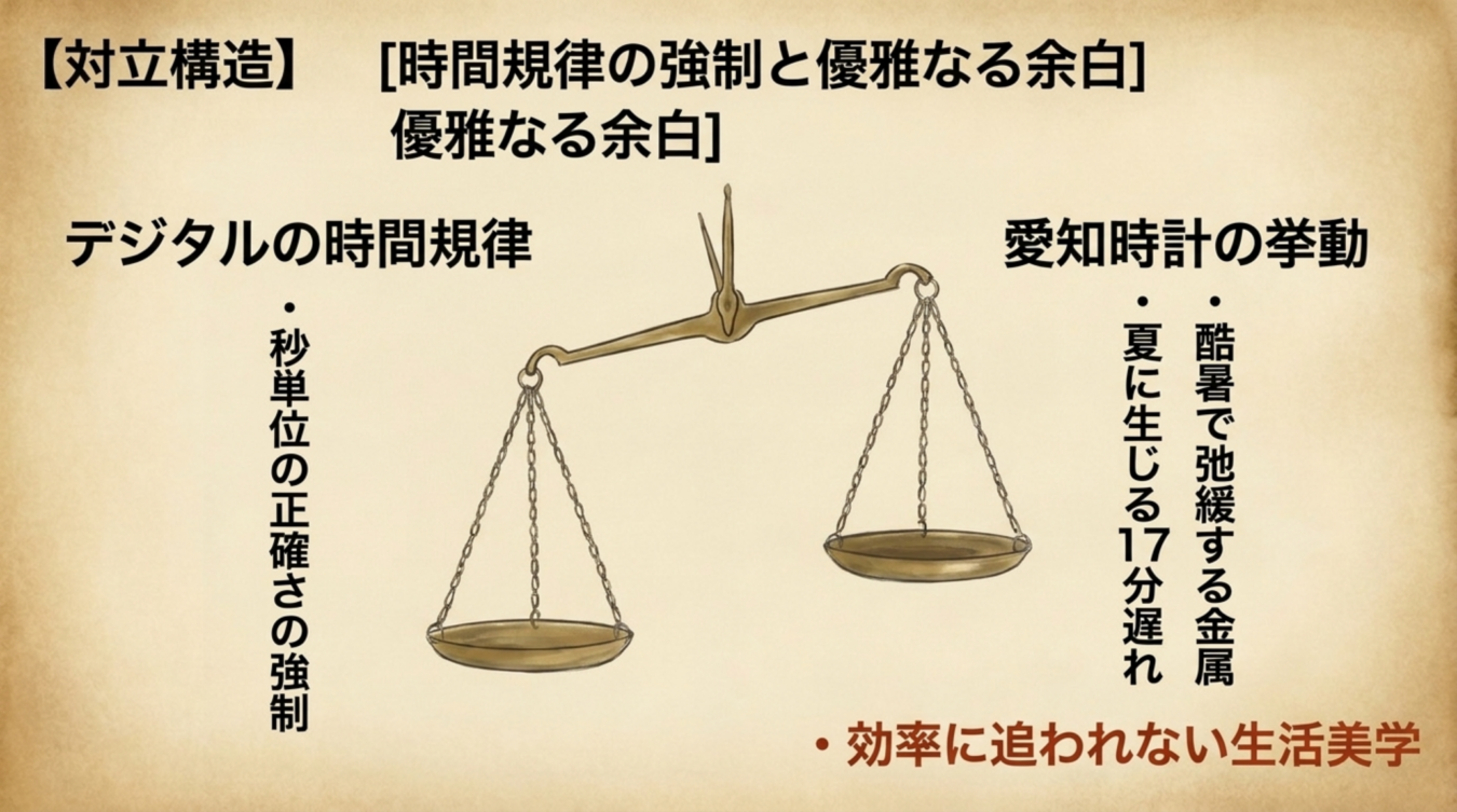 【対立構造】時間規律の強制と優雅なる余白として、左側に「デジタルの時間規律(秒単位の正確さの強制)」、右側に「愛知時計の挙動(夏に生じる17分遅れ、酷暑で弛緩する金属、効率に追われない生活美学)」が天秤の図解で対比されている。