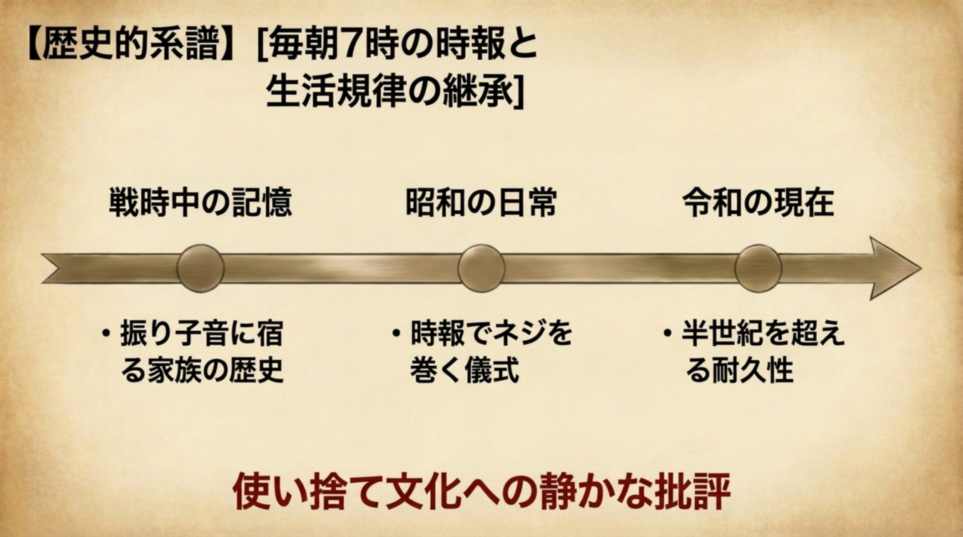 戦時中の記憶、昭和の日常、令和の現在へと続く歴史的系譜を示す矢印のタイムライン図解。各時代に対応する「振り子音に宿る家族の歴史」「時報でネジを巻く儀式」「半世紀を超える耐久性」の要素と、「使い捨て文化への静かな批評」という結びの文言で構成されています。