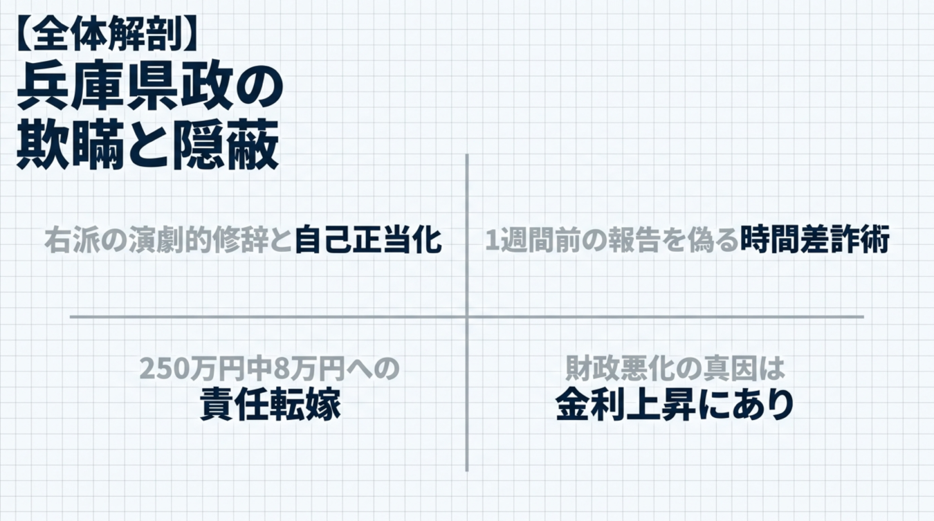 兵庫県政の欺瞞と隠蔽をテーマにした4項目の批判的トピックを示す図表
