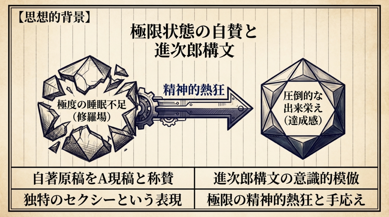 極度の睡眠不足と精神的熱狂から生まれた進次郎構文による自著原稿制作の背景を示す図解