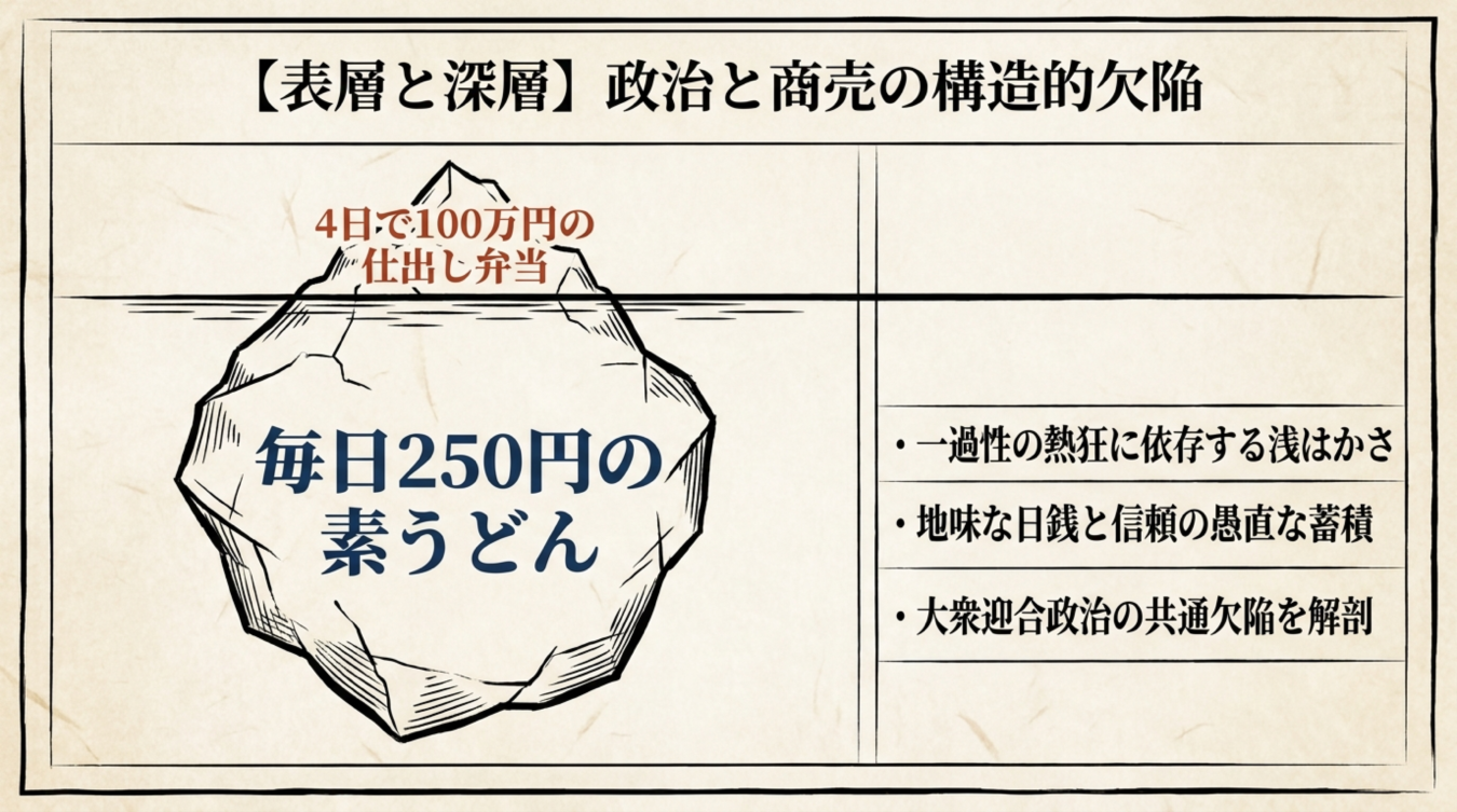 氷山の下部に毎日250円の素うどん、上部に4日で100万円の仕出し弁当を描き、政治と商売の構造的欠陥を比較する図解