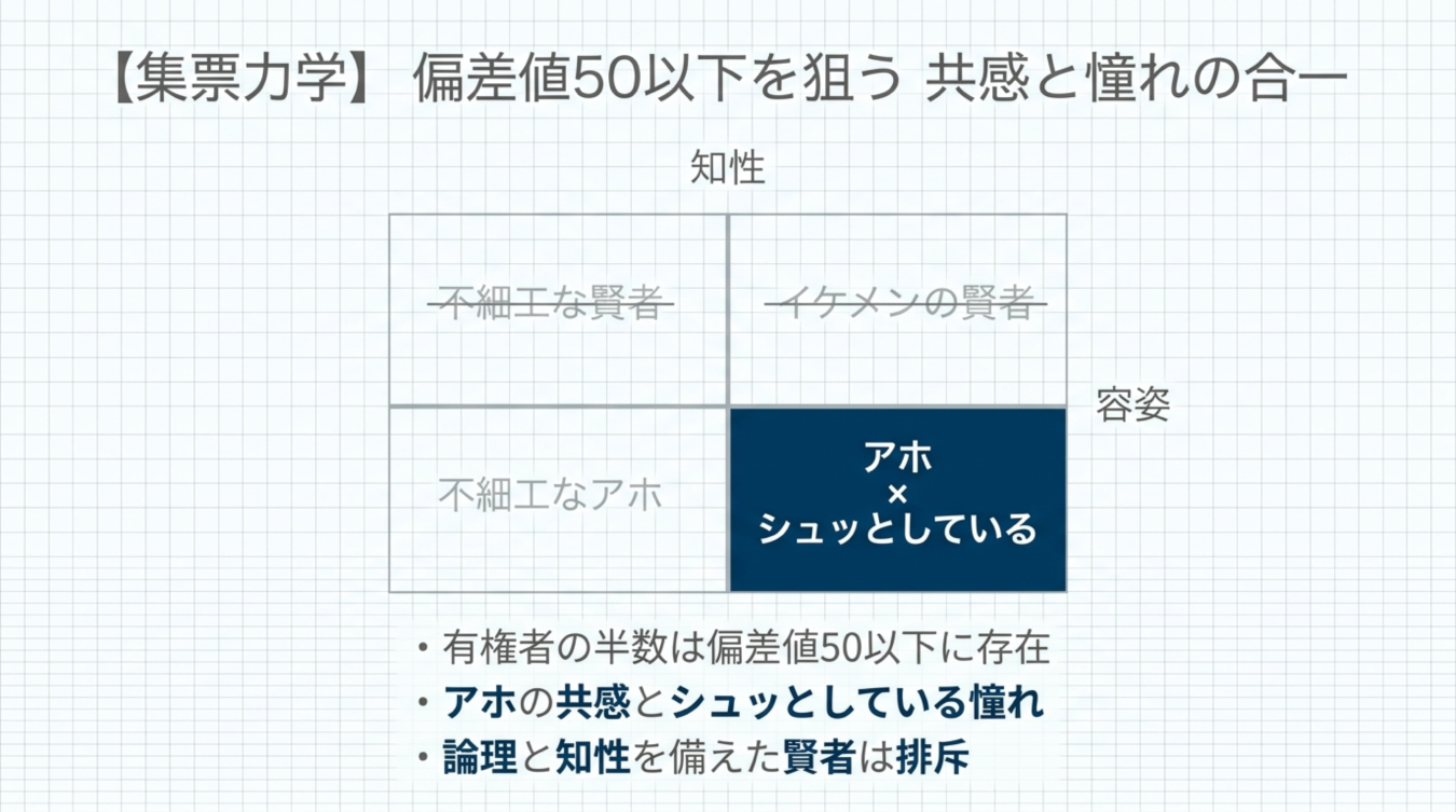 知性と容姿を軸に偏差値50以下を狙う集客力学を示す四象限マトリクス図