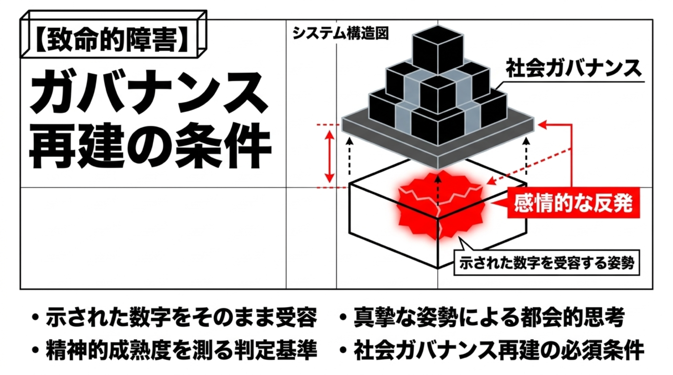 ガバナンス再建の条件を示したシステム構造図と4つの項目が記載された解説画像