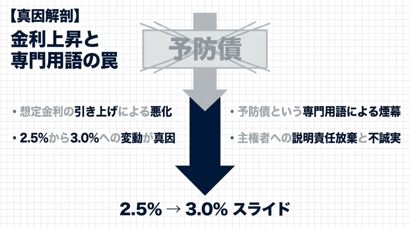 金利上昇と専門用語の罠を解説する図解で予防債から2.5パーセントへスライドする真因を示す