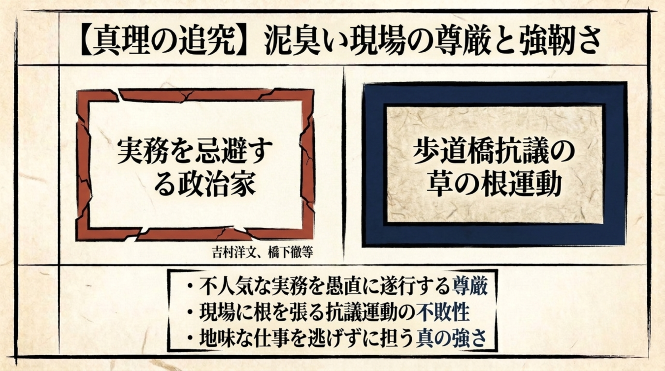 実務を忌避する政治家と歩道橋抗議の草の根運動を対比した画像