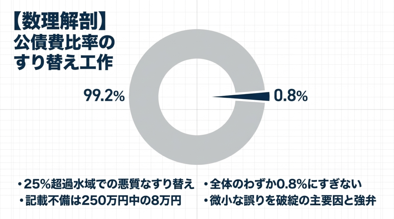 公債費比率の記載不備に関する割合を示す円グラフと25%超過水域での悪質なすり替えを批判する解説文