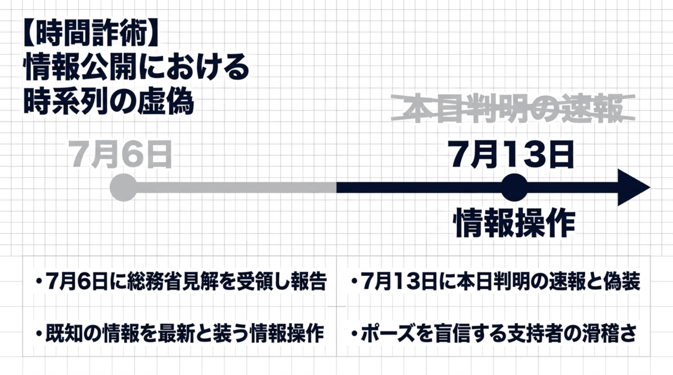 7月6日に総務省見解を受領しながら7月13日に本日判明の速報と偽装する情報工作の時系列図