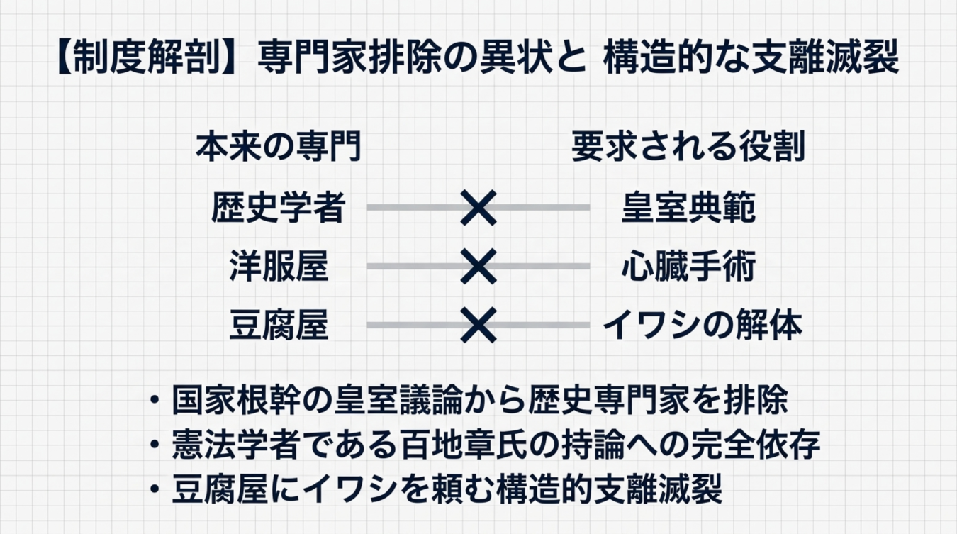 皇室議論から歴史専門家が排除される構造的支離滅裂を風刺した比較表