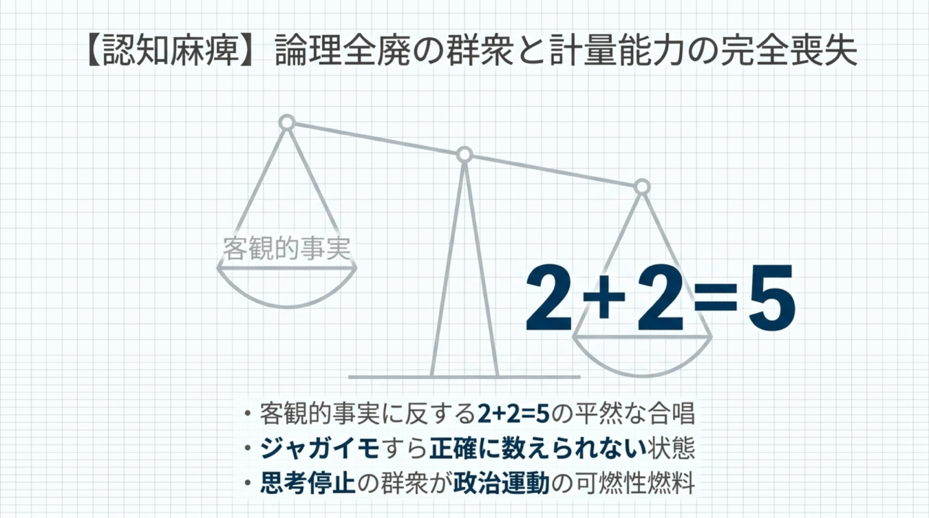 客観的事実と2+2=5が不均衡に傾いた天秤と認知麻痺を批判する箇条書きテキスト